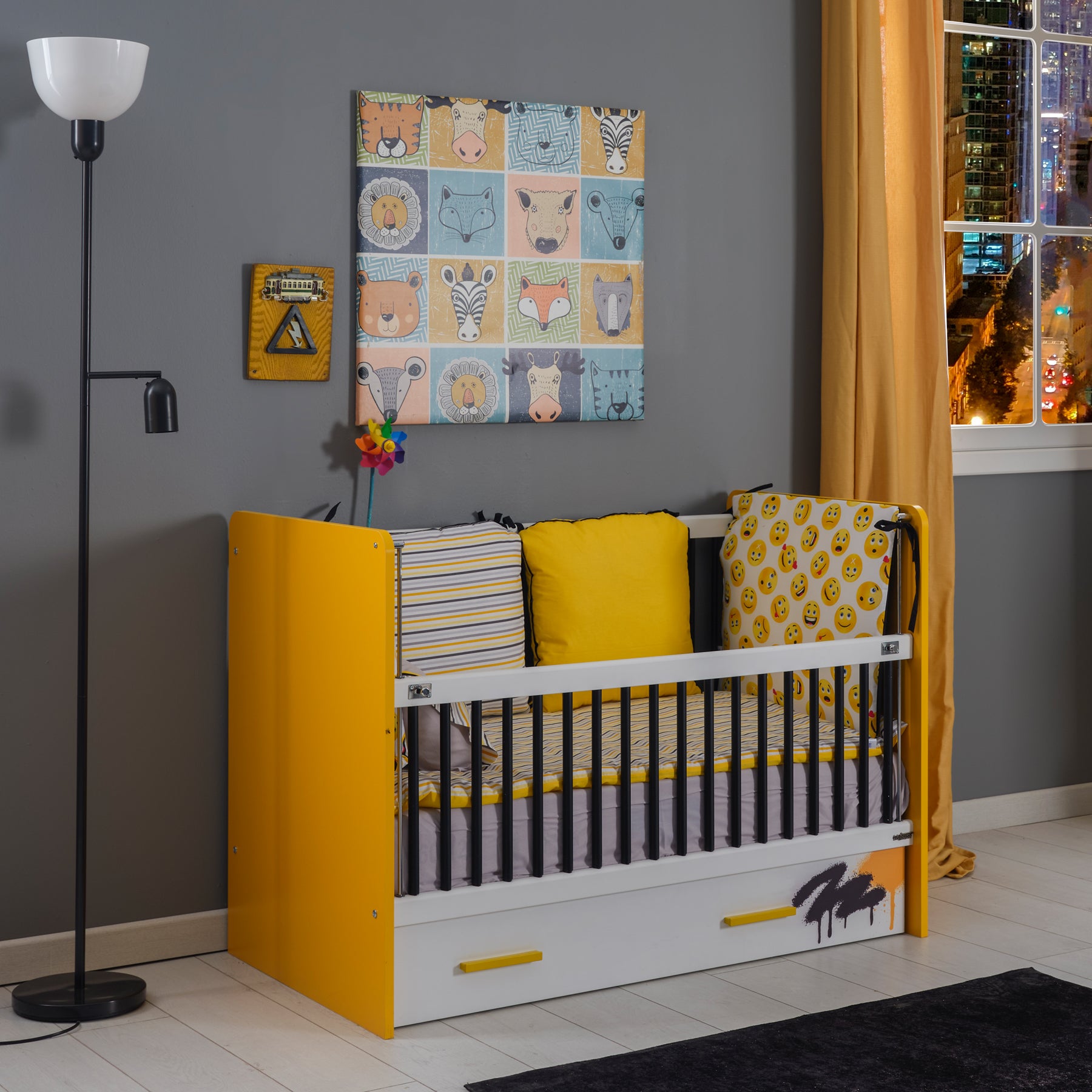 Skate Babyzimmer Komplett Set Babybett mit Stauraum Kommode mit Spiegel Kleiderschrank mit LED